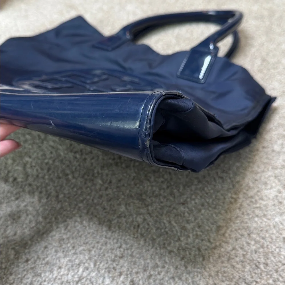 Tory Burch Ella Nylon Tote Navy Blue Patent Leather Trim Large Logo Tote